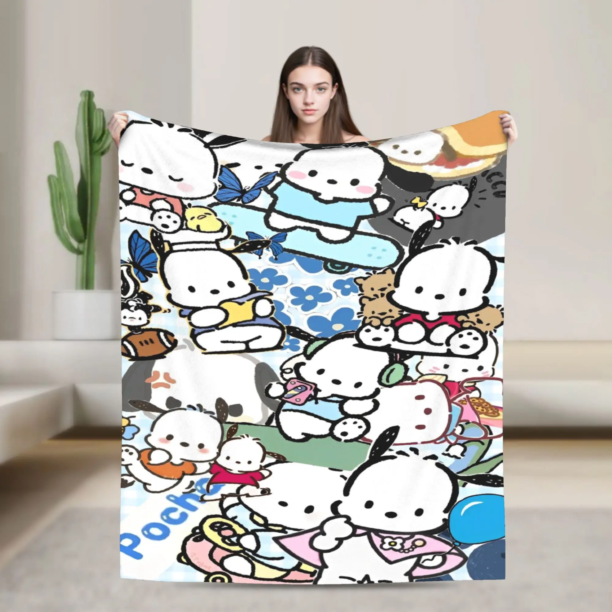 Coperta Kawaii Pochacco di qualità super morbida per cani da cartone animato, carina coperta da tiro, autunno, picnic, soggiorno, comoda copriletto