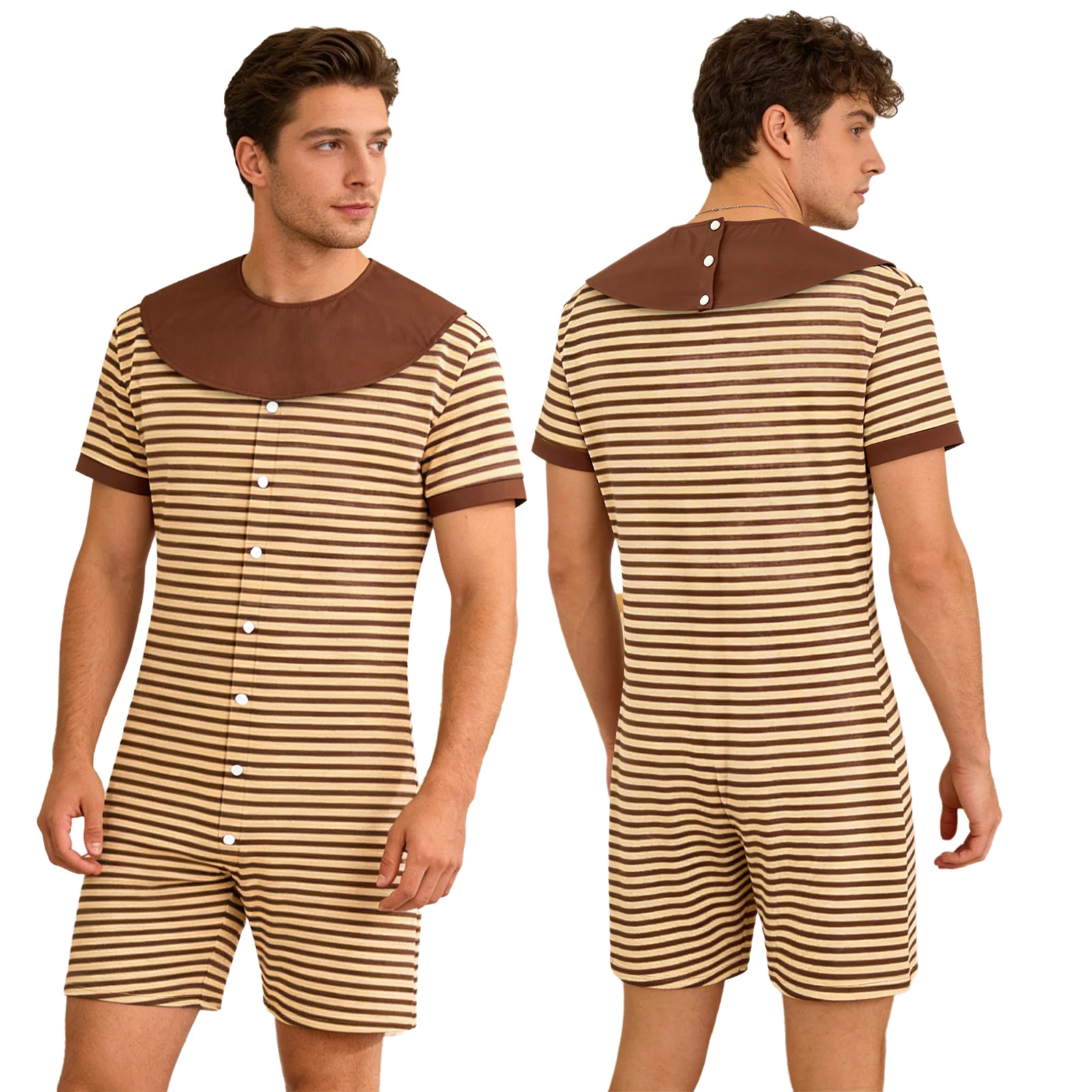 

Men Striped Nightgown Bodysuit with Removable Bibs Pajamas Short Sleeve Shorts Bottom One-piece Loungewear for Casual Daily