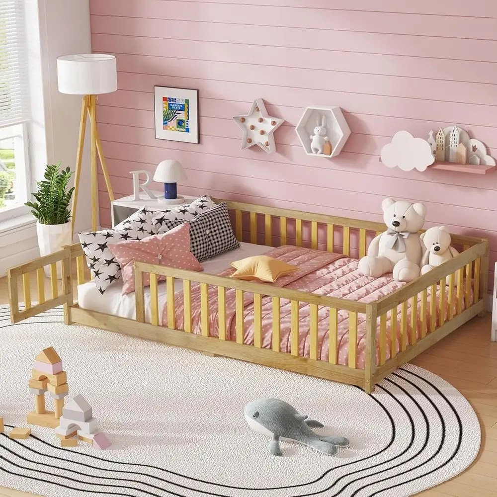 

Natural Solid Wood Bunk Bed with Slats, Safety Rails, Suitable for Kids
