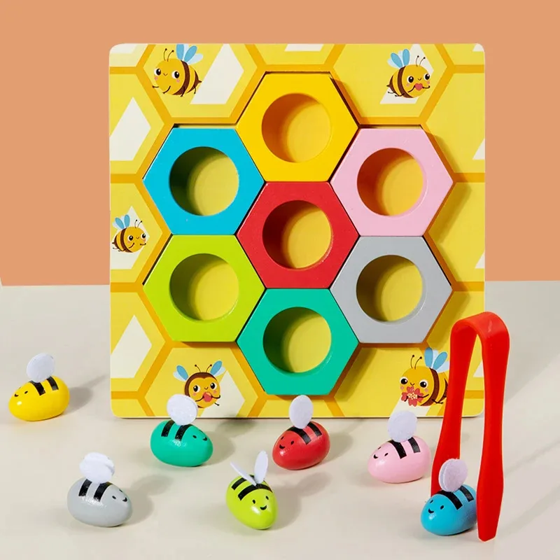 Jeu de piège à abeilles de Cognition de couleur, perles à Clip, jouets en bois pour l'éducation précoce, maison d'abeilles, formation à la motricité Fine, outils pédagogiques