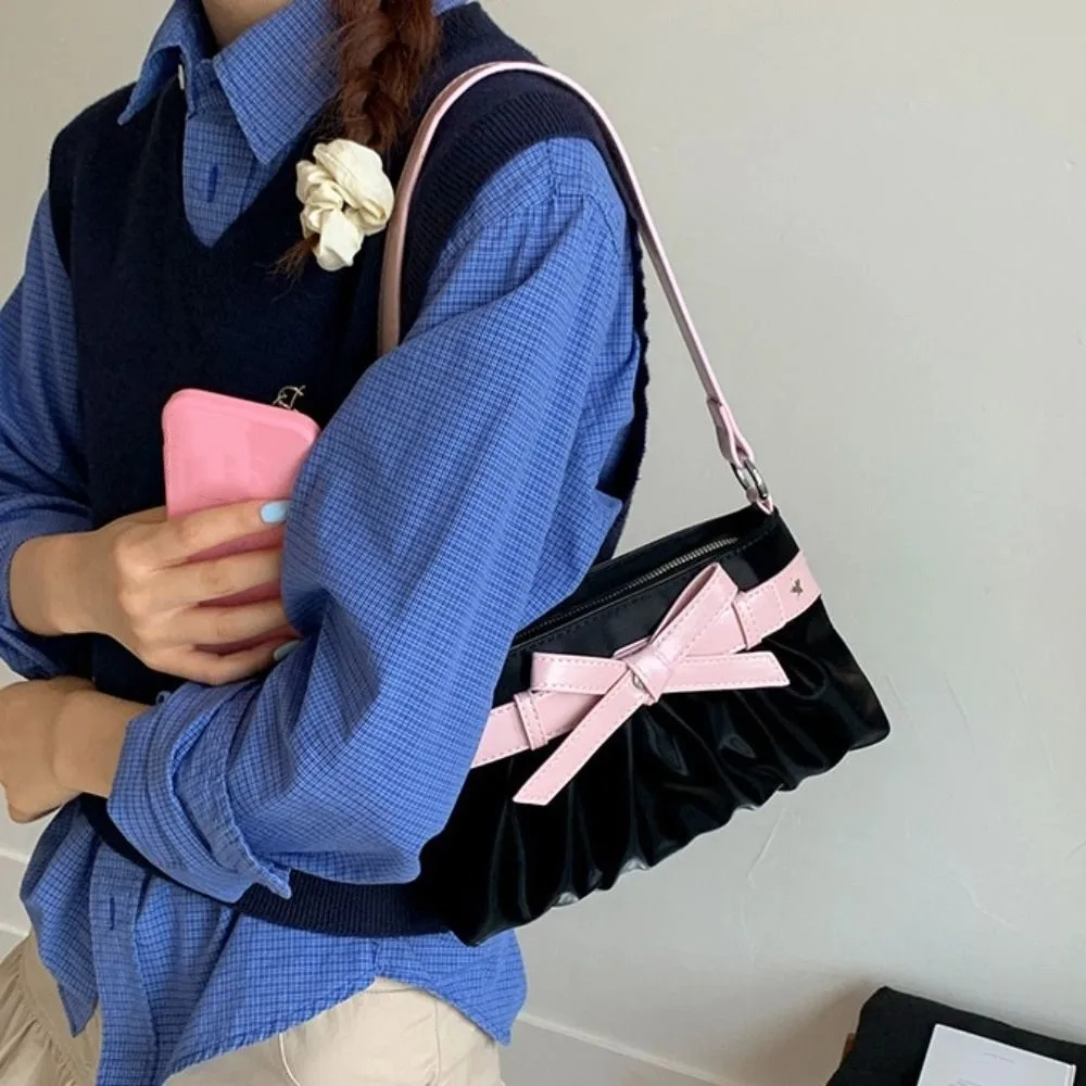

Portable French French Stick Handbag Sweet Bowknot Bow Shoulder Bag PU Korean Style Underarm Bag School