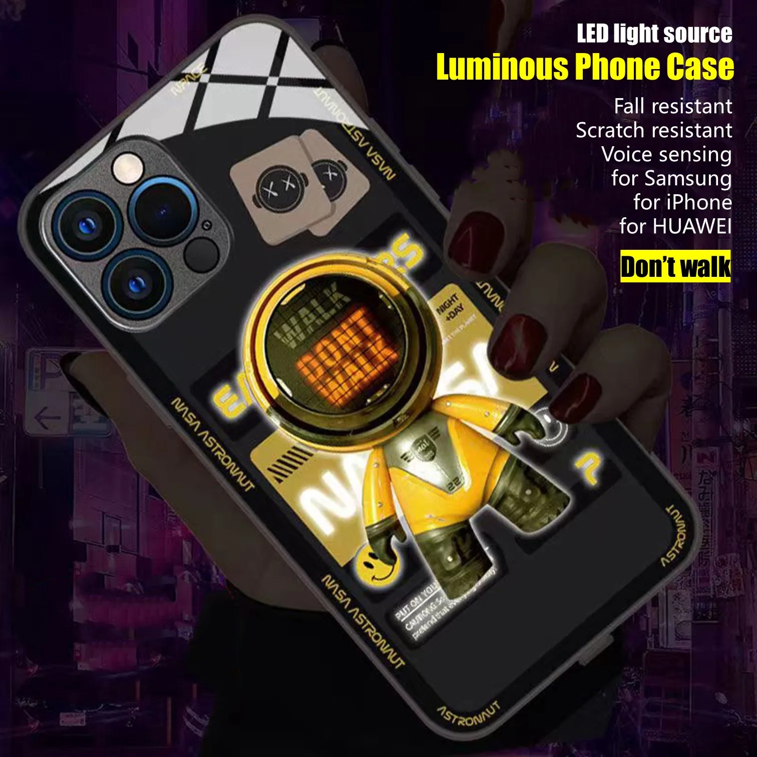 

Cool Astronaut LED Light Glowing Luminous Tempered Glass Phone Case for Samsung S24 S22 S23 Note 10 20 A14 A53 A73 Plus Ultra