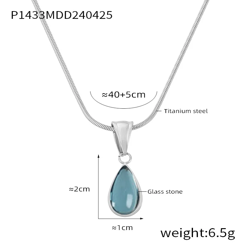 French Retro Olive Green & Blue Water-Drop Pendant Necklace for Women, Non - Fading Niche Design Valentine's Jewelry for Party
