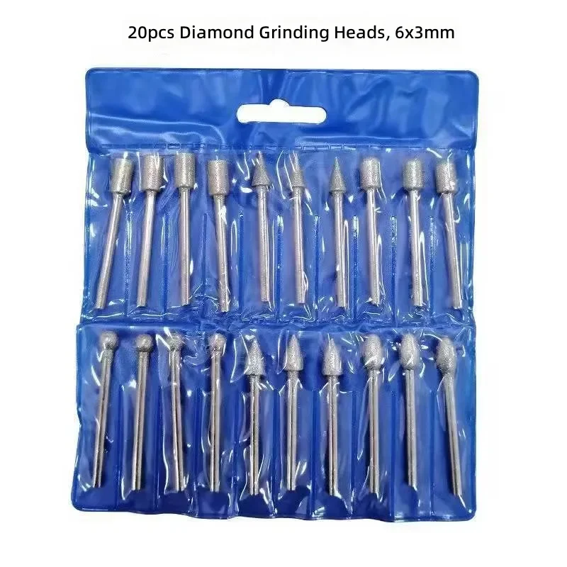 20pcs Diamond Grinding Heads for 3mm Shank Fine Grit Jade Gem Stone Polishing Bits Rotary Tool Accessories