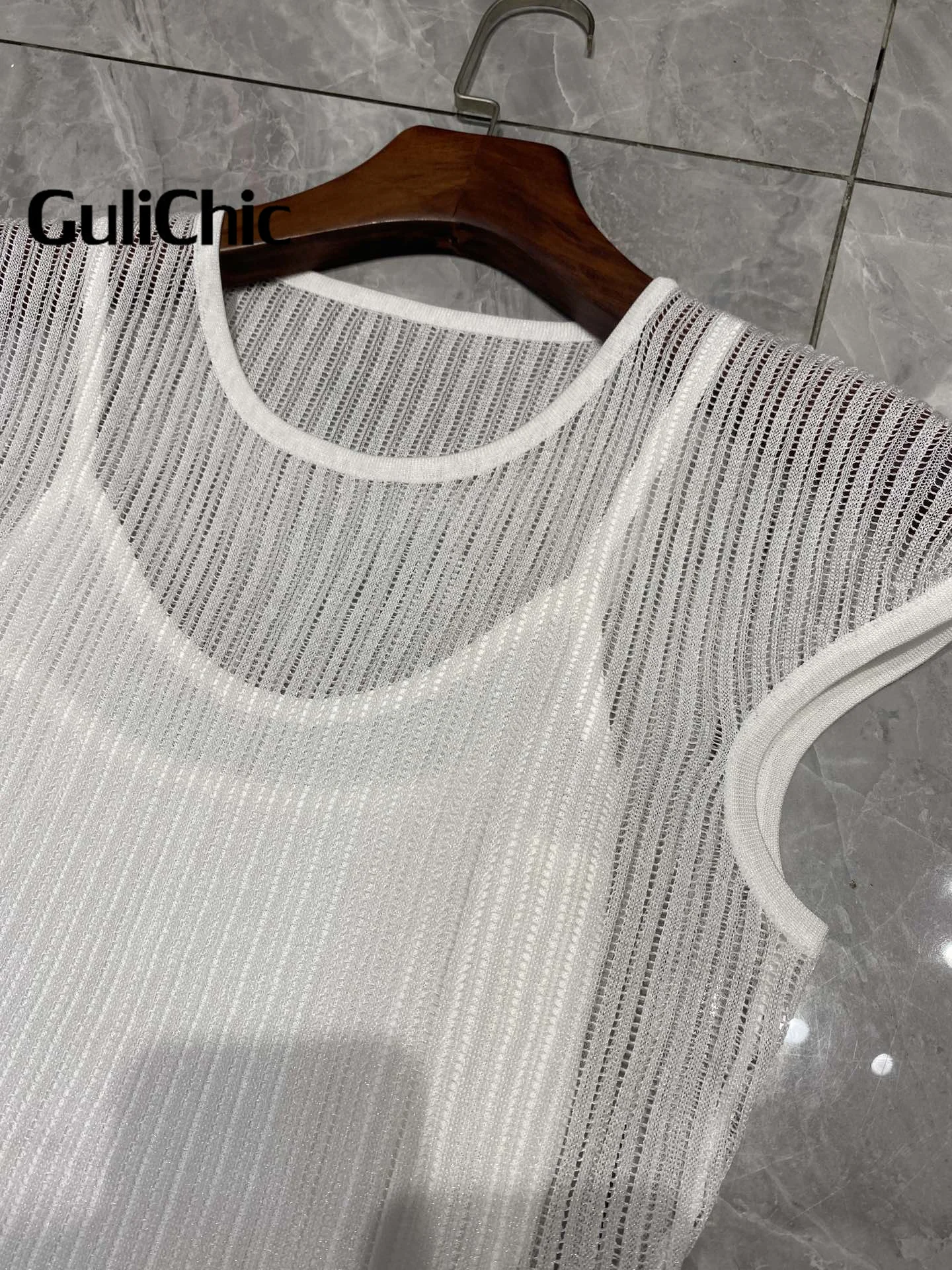 GuliChic-Women\'s Hollow Out Pleated Dress with Camisole Lining, O-Neck Cap-Sleeves, Elegant Dresses, Lady Fashion, High Quality,