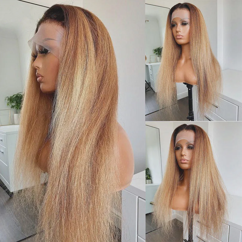 Yaki Ombre madu pirang 30 inci panjang keriting lurus renda depan Wig untuk hitam wanita rambut bayi sintetis prepked tanpa lem harian