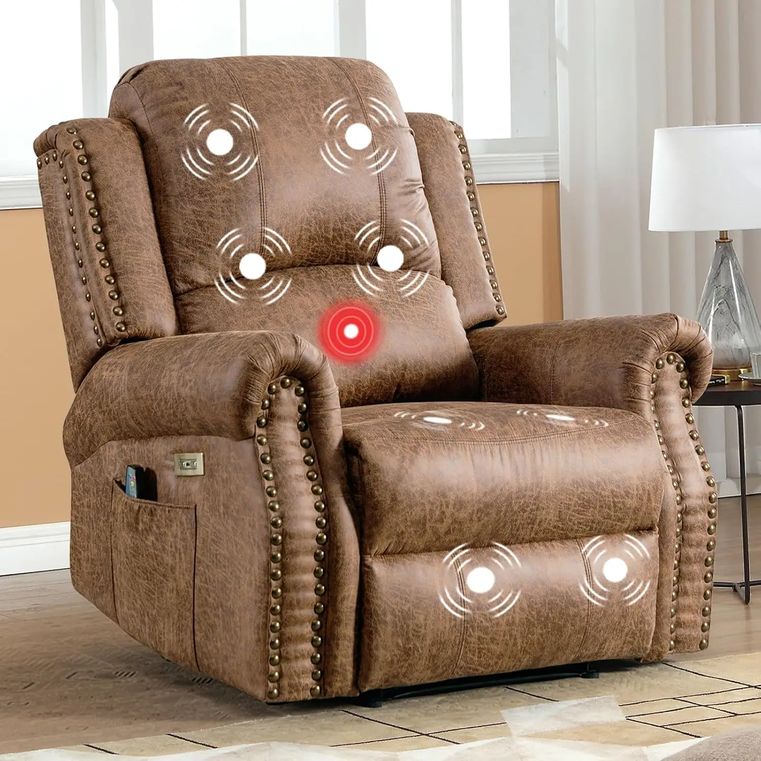 Massage Heat Power Recliner Chair, Faux Leather Electric Lounge Sofa with Rivet Trim for Living Room, Nut Brown, Customized