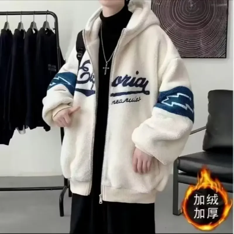 New Lamb Fleece Jacket Men Winter Thickened Korean Version Hoodie Trend Y2k Loose Couple Streetwear Y2k Warm Hooded Coat Jackets