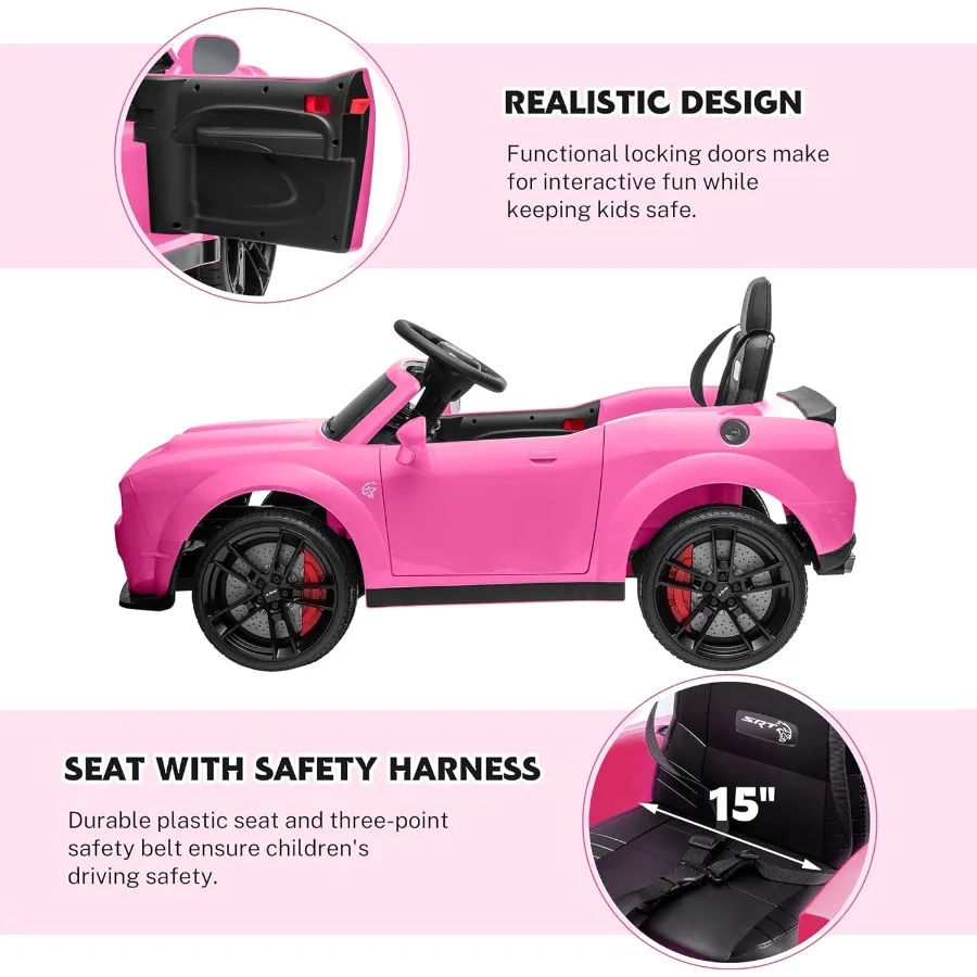 รถยนต์ไฟฟ้าสำหรับเด็ก ได้รับใบอนุญาต ยี่ห้อ Dodge ขับเคลื่อนด้วยแบตเตอรี่ 12V7Ah พร้อมรีโมทคอนโทรล 3 ระดับความเร็ว ไฟ LED