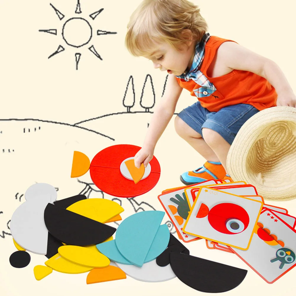 1 set 1 Set Geometric Tangram Puzzle Board Wooden Pattern Blocks For Kids Shape Recognition Preschool Learning Jigsaw Game