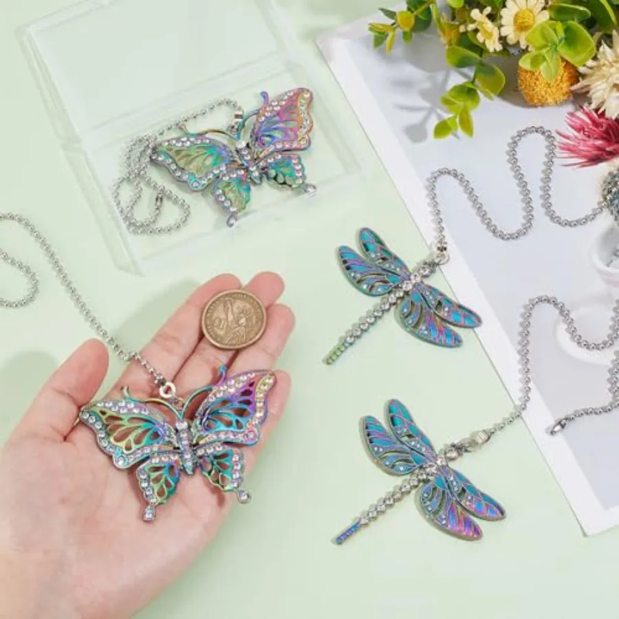4Pcs Butterfly and Dragonfly Alloy Ceiling Fan Pull Chain Extenders, Retro Rainbow Ceiling Fan Extension with Steel Ball Chain