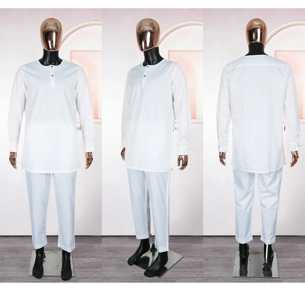H & d-男性のためのアフリカの服、白い伝統的な結婚披露宴の服、ローブの刺繍シャツとパンツセット、ダシキ、agbadaラマダン、3個