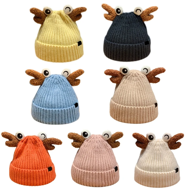 

Trendy Big Eyes Deer Horns Knitted Hat Funny Casual Ear Protect Beanie All-match Dropship