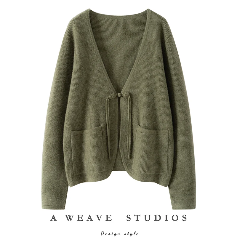 

New Spring Autumn Women 100% Cashmere Cardigan Sweater Long Sleeve V-neck Knitwear High Quality Female Chinese Style Clothes