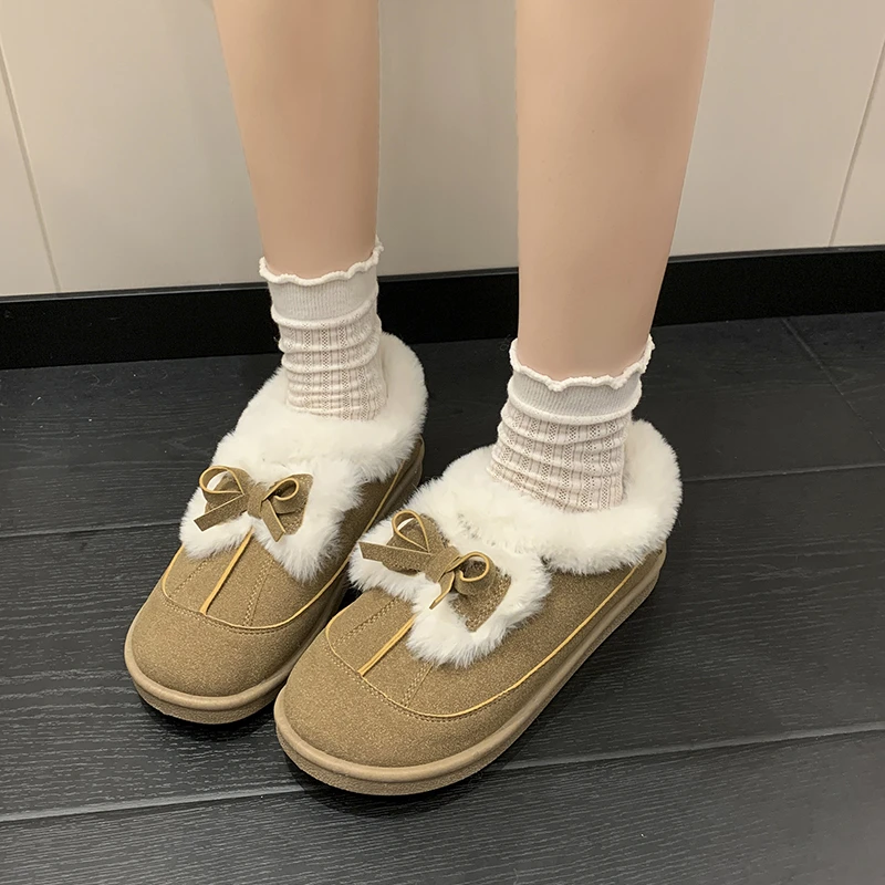 Botas de invierno con forro polar para mujer, botas de nieve de algodón con frijol, ropa de exterior de corte medio, botas de mujer de fondo plano de talla grande