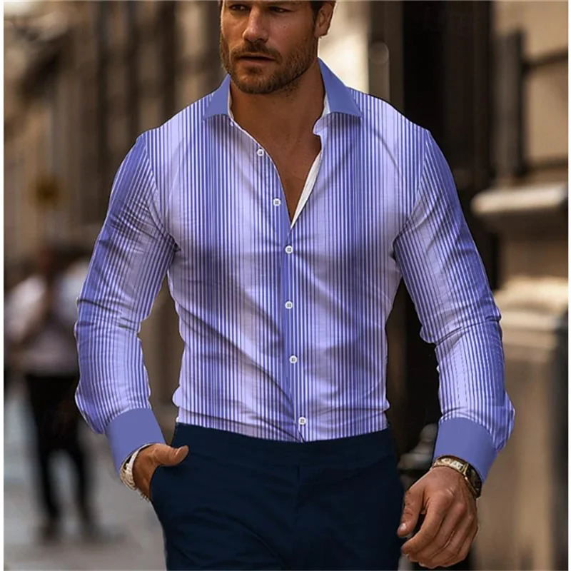 Camicia da uomo casual stampata in 3D da uomo a righe street daily wear camicia in tessuto elasticizzato 6XL a maniche lunghe con risvolto