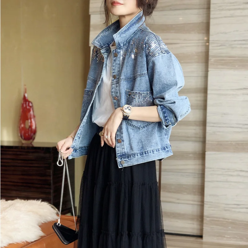 Blue Short Sequin Pocket Denim Jacket Women\'s Casual Denim Spring Autumn New Loose Fashion Jeans Jacket Women Long Sleeve Coat