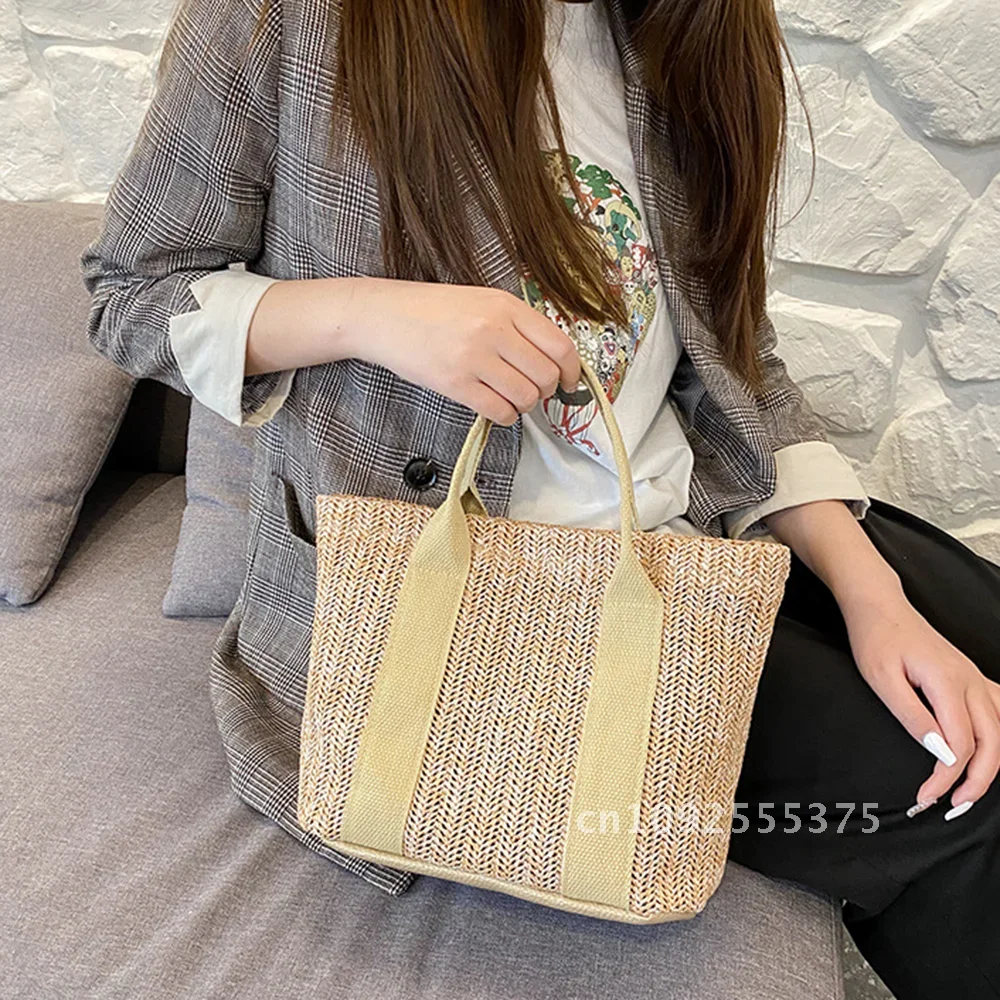 Women Casual Rattan Handbags Fashion Summer Beach Straw Bag Wicker Woven Shoulder Bags Large Capacity Tote Travel Bag