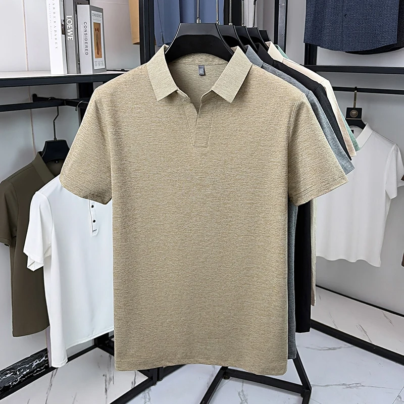 Herren Kurzarm-Poloshirts, einfarbig, ohne Knöpfe, V-Ausschnitt, schmal geschnitten, leicht, knitterfrei, modische Alltags-Tops für Männer – Detail 16