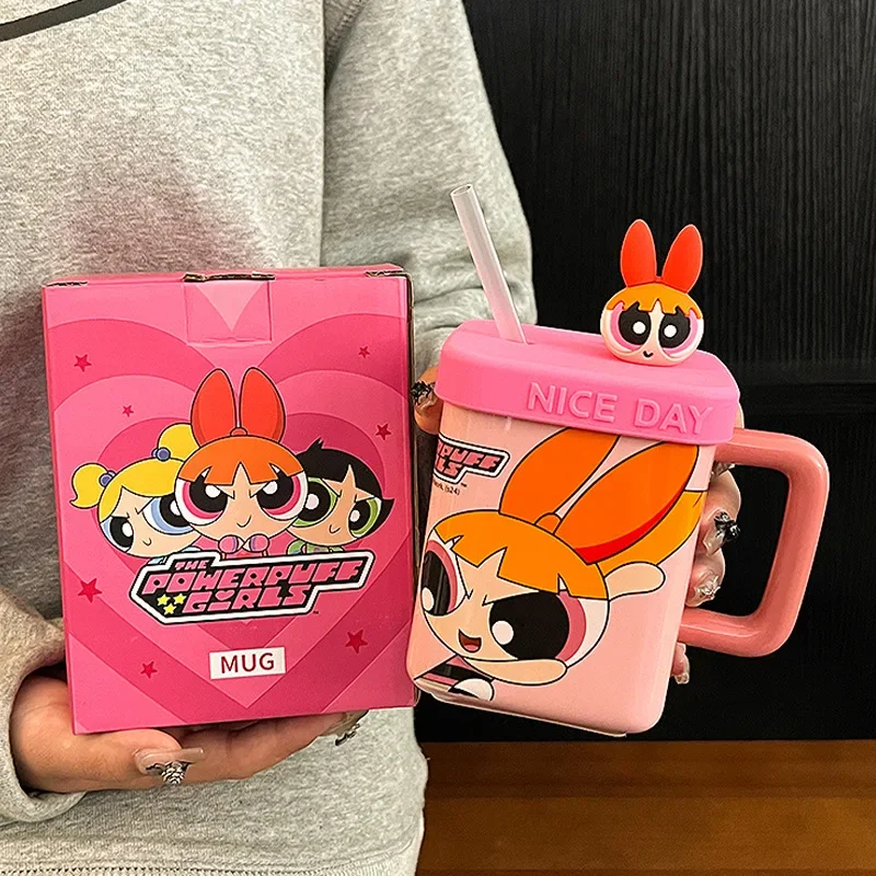 Anime The Powerpuff Girls Cup Cartoon Mug Kawaii 450ml Household Ceramic Coffee Water Cup Office Straw Cups Birthday Gift Girl