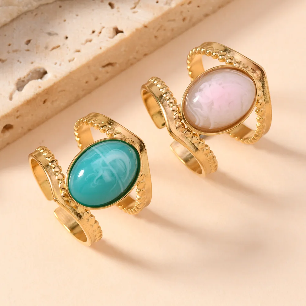 

10pcs 18K Gold Plated Stainless Steel Ring Light Pink Blue Purple Oval Gemstone Adjustable Open Ring Simple Luxury Jewelry