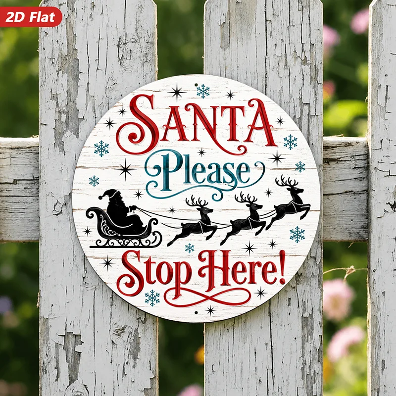 2D Flat, 1pc Santa Stop Here Round Metal Sign Wall Art, Flying Reindeer Silhouettes, Snowflakes And Stars, Rustic Home Decor, Id