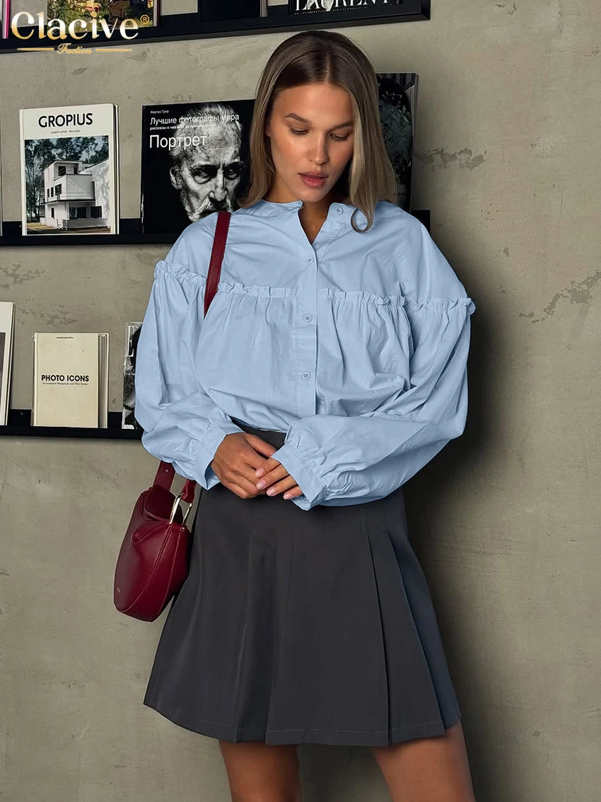 Clacive موضة فضفاضة الأزرق القطن قميص نسائي 2026 بلوزة عادية س الرقبة طويلة الأكمام أنيقة الكلاسيكية قمة صلب الملابس النسائية #2