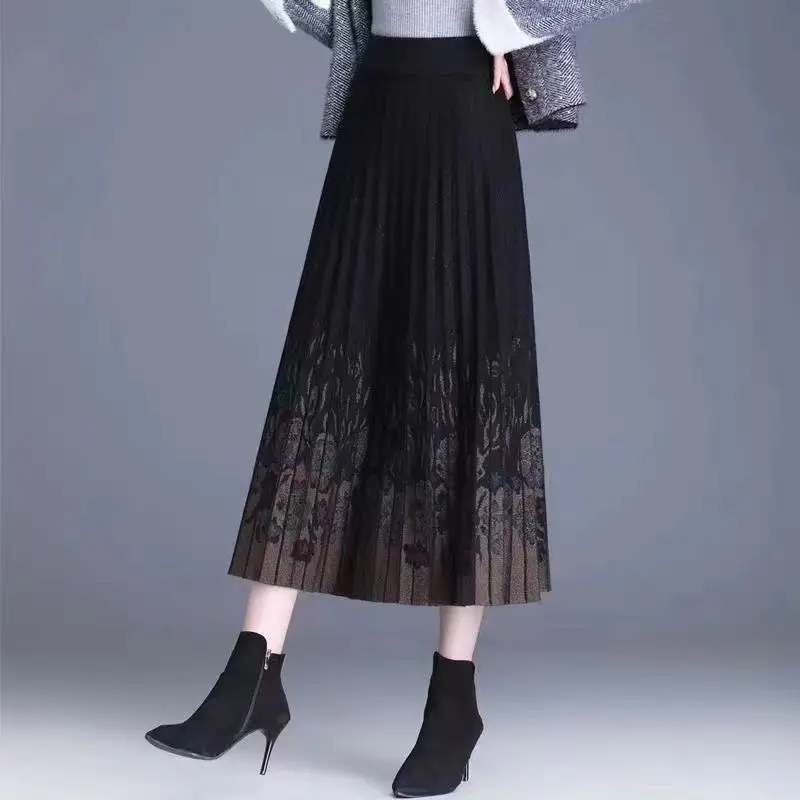 2023 New Autumn and Winter Knitted Woolen Skirt Elegance Fashion Versatile Mid Length High Waist A-line Skirt Pleated Half Skirt