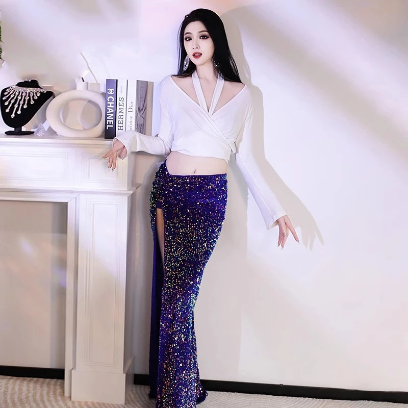 Sexy High Split Mermaid Sequin Long Skirt For Women Belly Dance Long Skirt 95cm Length Oriental Bellydance Costume Skirt 2025