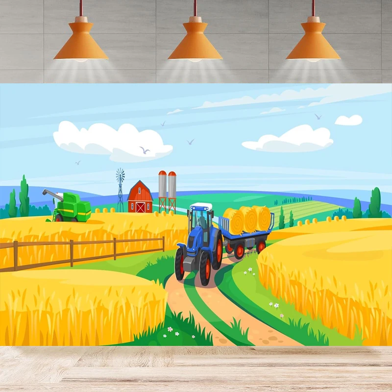 

Cartoon Farm Barn Farmland Photography Background Tractor Grassland Harvester Village Farm Scenery Party Backdrop Wall Banner