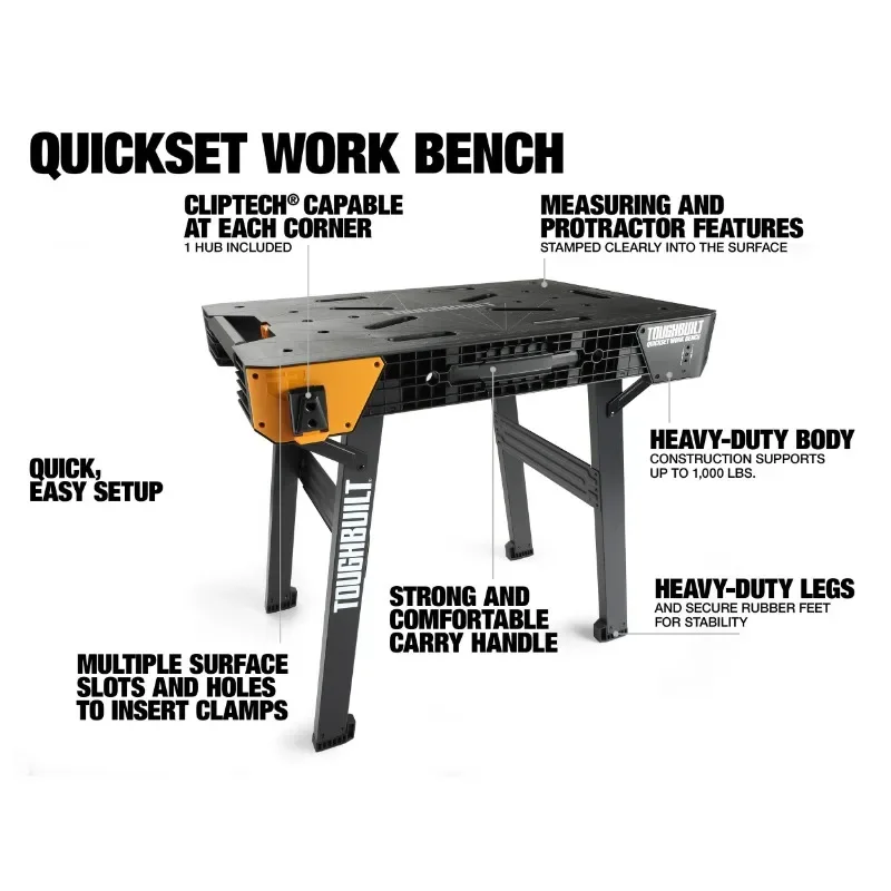 TOUGHBUILT TB-WB700 QuickSet Work Bench Large Work Surface Metal Legs Instant Set Up And Fold Away Tool Accessories