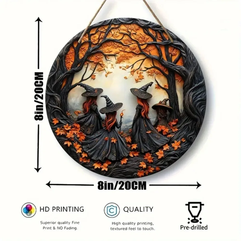 2D Retro Halloween Witch Circular Wooden Sign, Suitable for Home, Restaurant, Office, Coffee Shop, Bar, Holiday Decoration Gifts