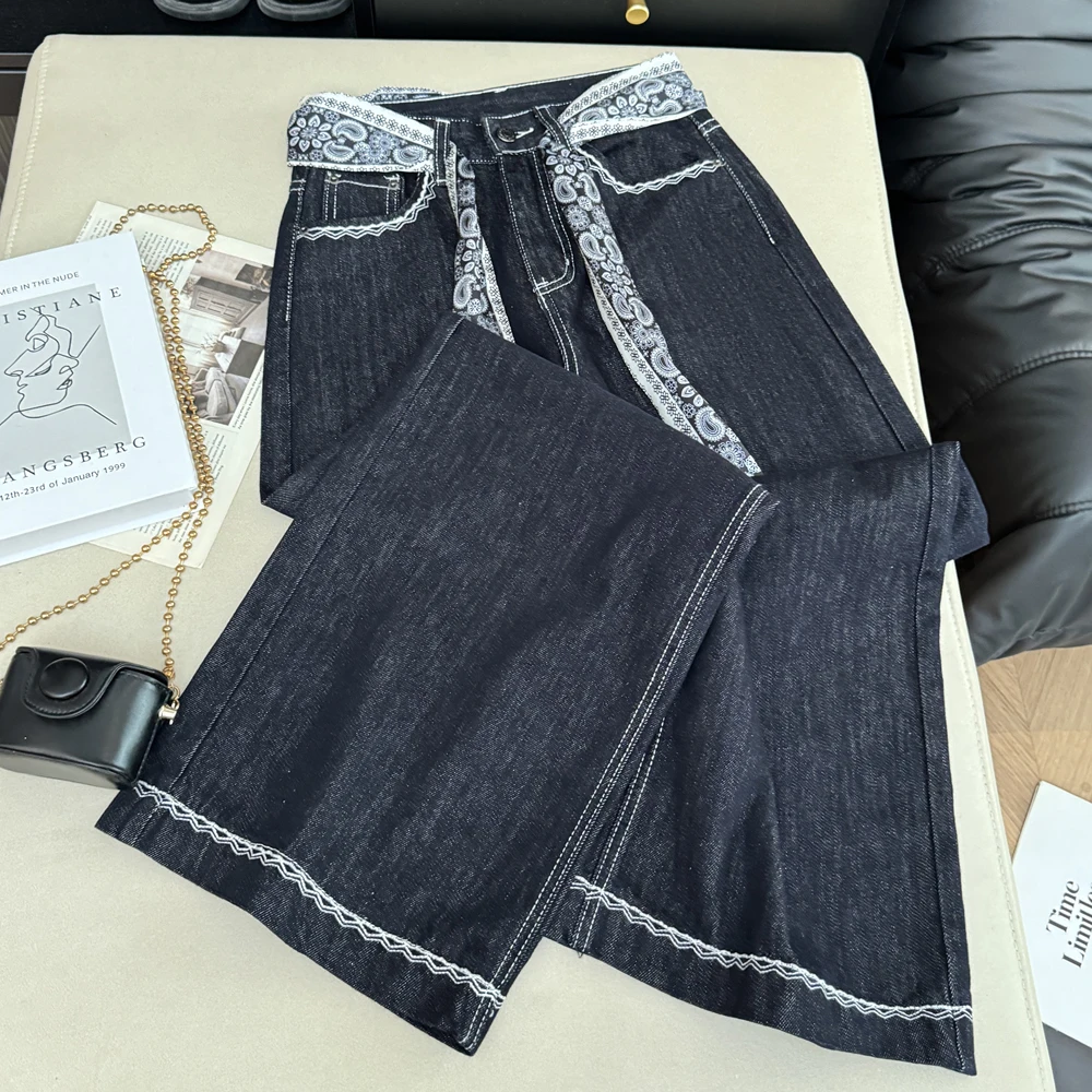 

Retro Embroidery High Waist Loose Denim Pants Women's Fashion Scarf Belt Decoration Wide Leg Jeans Spring Autumn Casual Trousers
