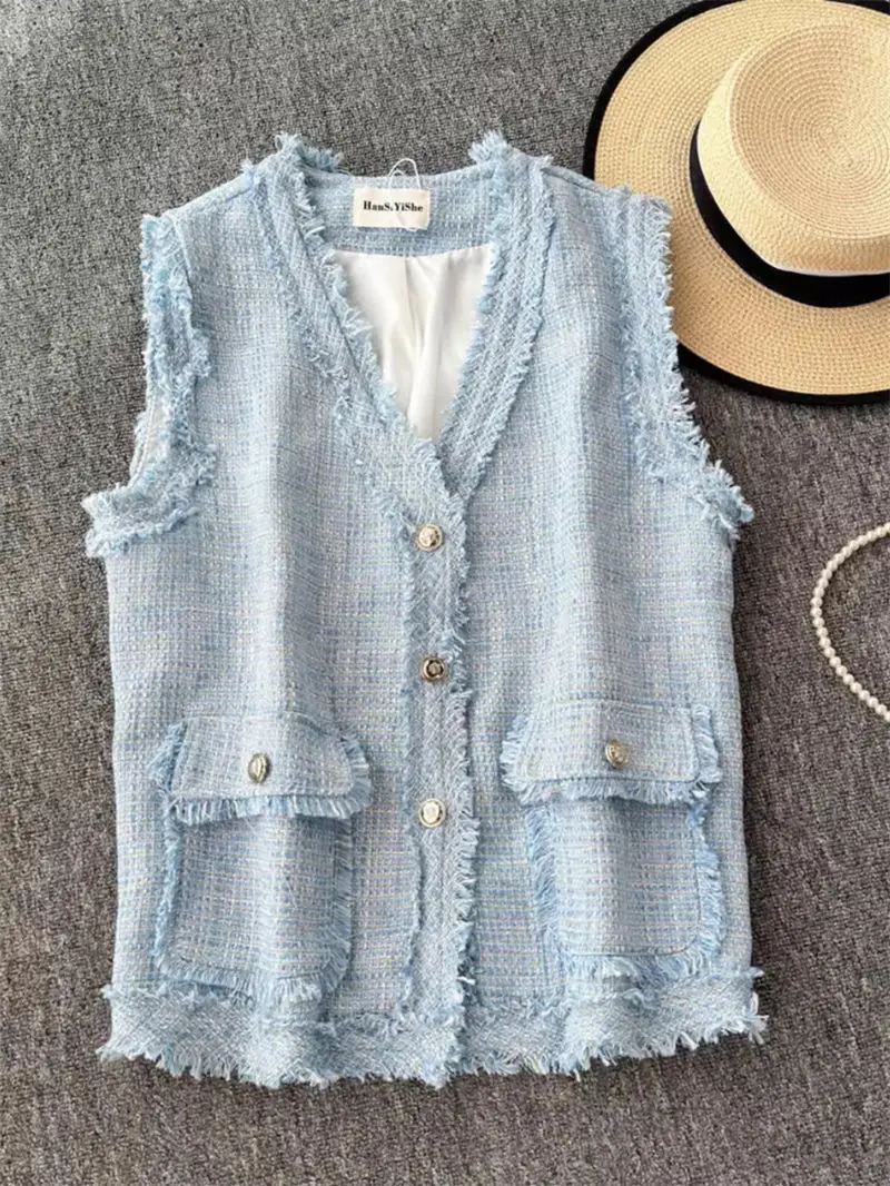 Korean Waistcoat Women's 2024 Summer Retro Style V-Neck Metal Button Loose Casual Versatile Sleeveless Vest Jacket K1714