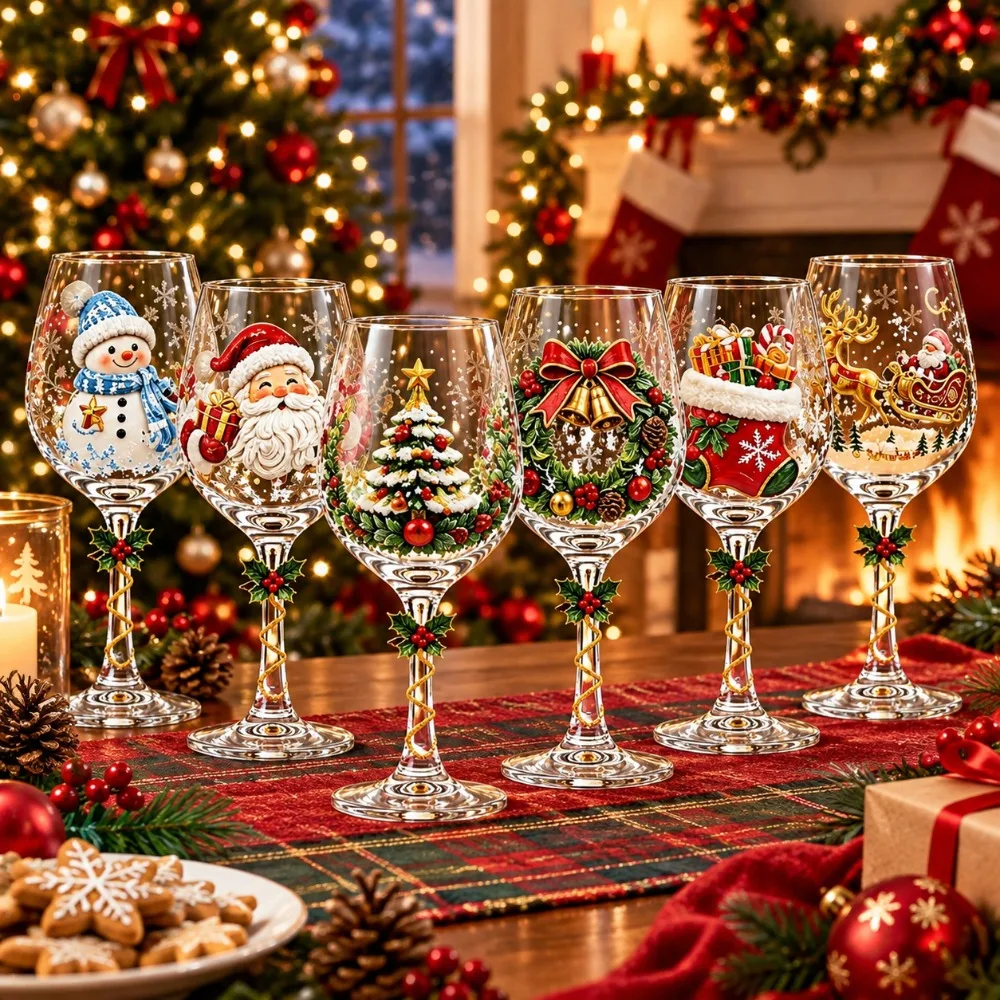 210ML/7.1OZ Christmas Wine Glasses - Holiday Stemmed Wine Goblets Santa Snowman Christmas Tree Reindeer Designs Christmas Gifts