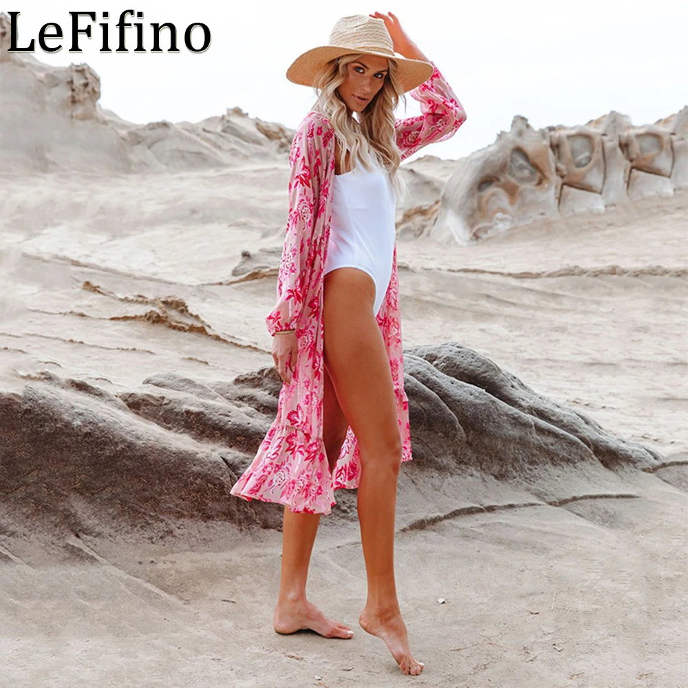 Cardigan estivo in Chiffon di media lunghezza con stampa in pizzo Sexy a maniche lunghe vestiti per le vacanze al mare protezione solare Outwear Bikini Cover Up da donna