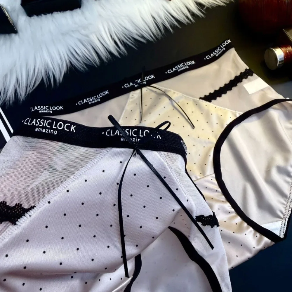 Breathable Mesh Women's Underwear Satin Hollowed-out Wave Point Underpants Bow Seamless Briefs Female