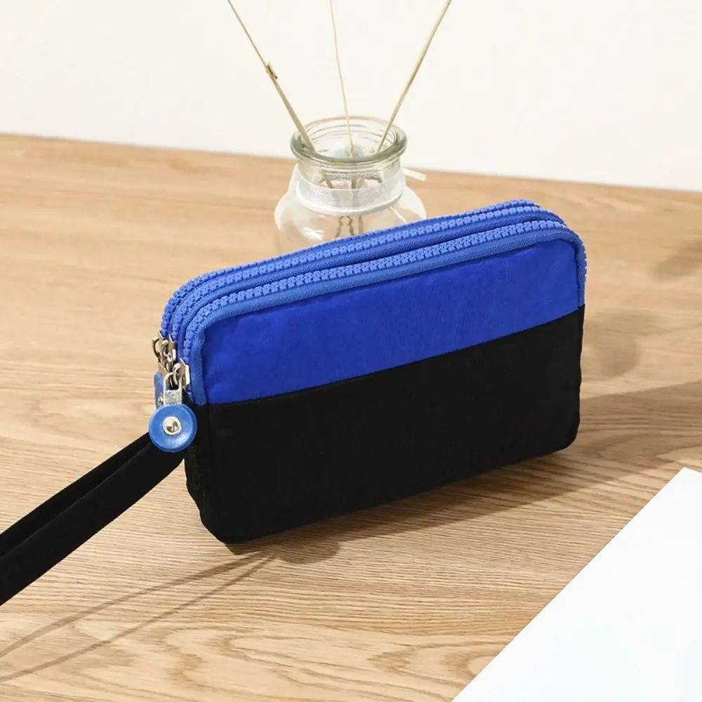 Nylon Three Layer Coin Purse With Lanyard Waterproof Contrasting Colors Wrist Bag Large Capacity Card Holder Simple Hand Bag