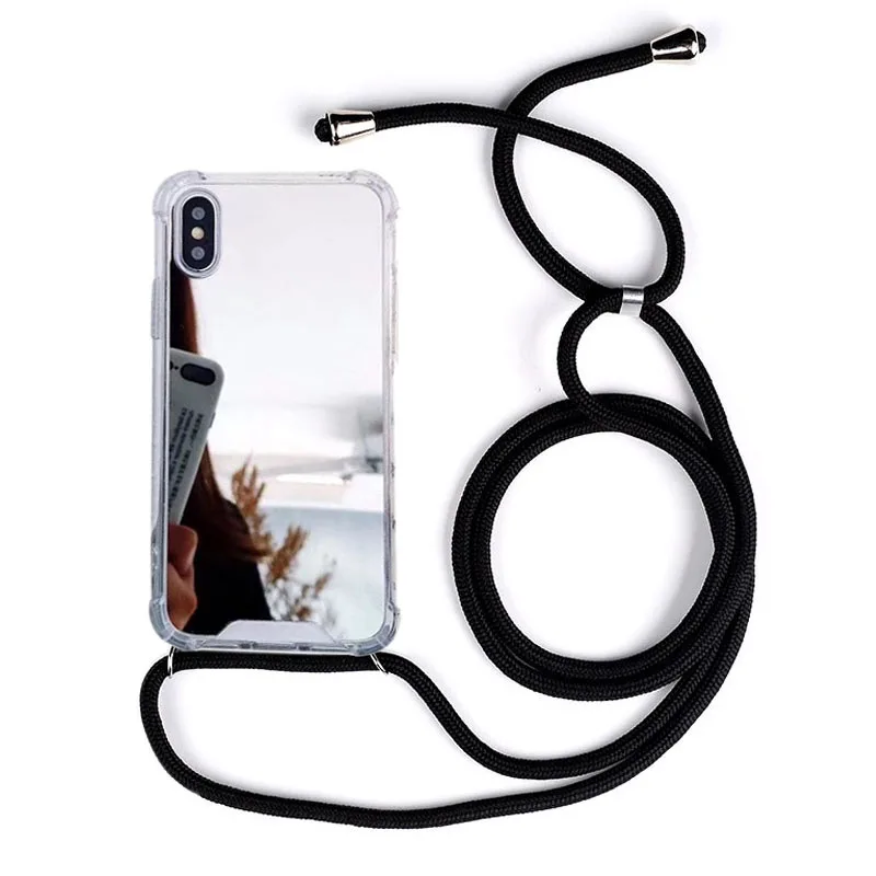 Mirror case with Lanyard for iPhone 16 12 11 Pro Max XR Necklace Rope Strap Cord Cover For iPhone 15 14 13 XS Max 8 plus SE 2020