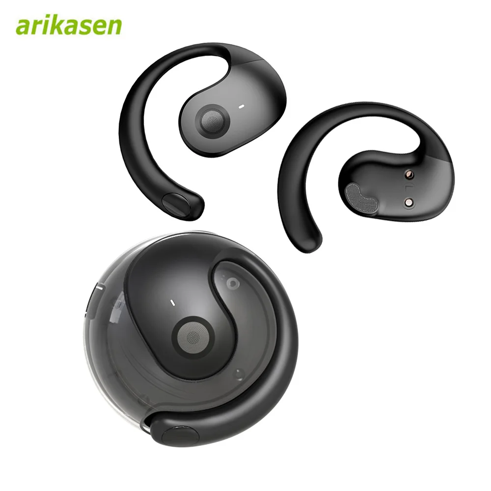 Open Ear Headphones Wireless Bluetooth 5.3 OWS Earbuds with Mic Spherical Silicone lanyard Charging Case Portable Sport Earbuds