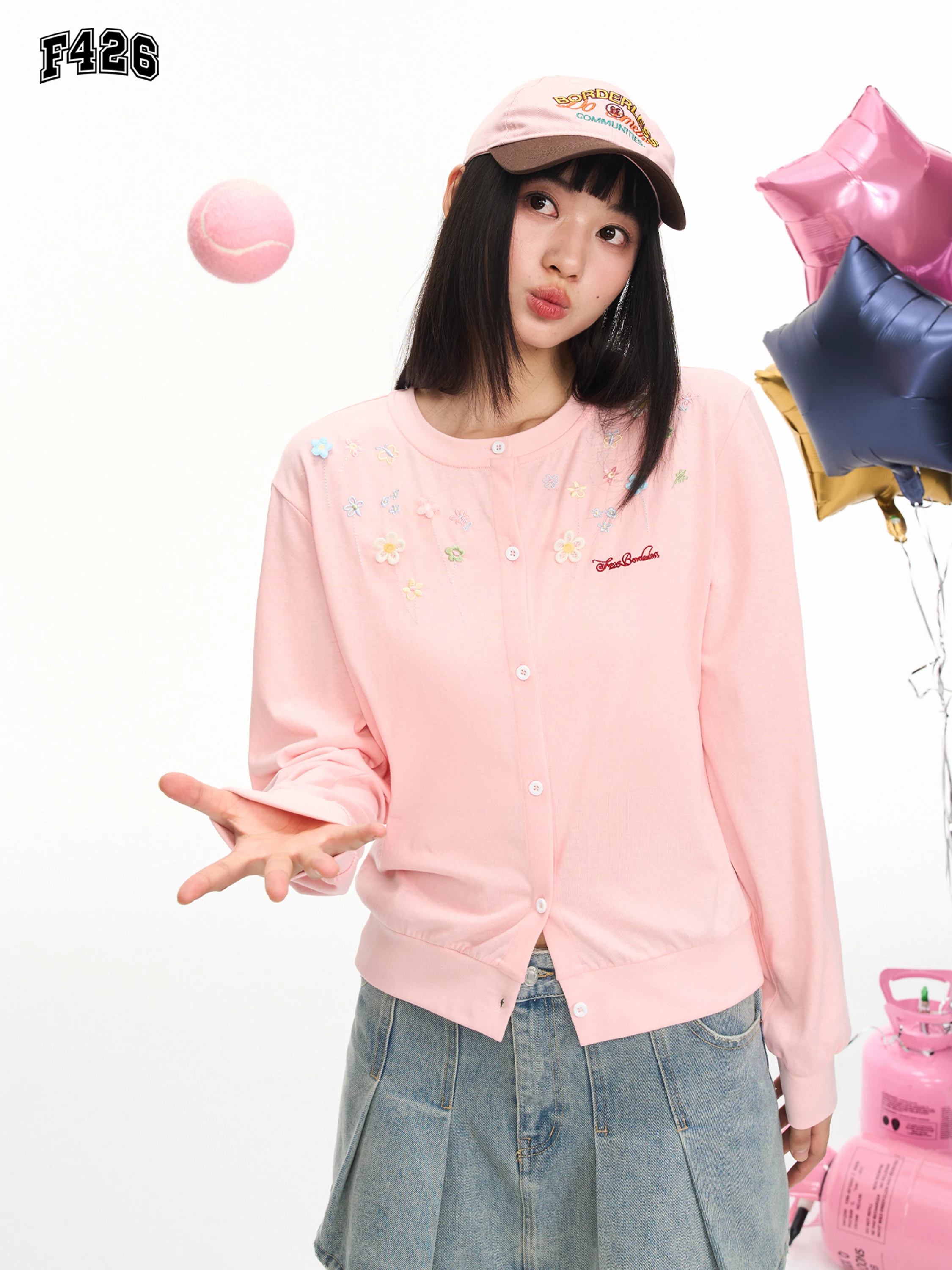 F426 Store Rajutan Ringan Bernapas Model Bulat Lengan Panjang Bersulam Bunga, Atasan Santai Musim Panas Terbaru