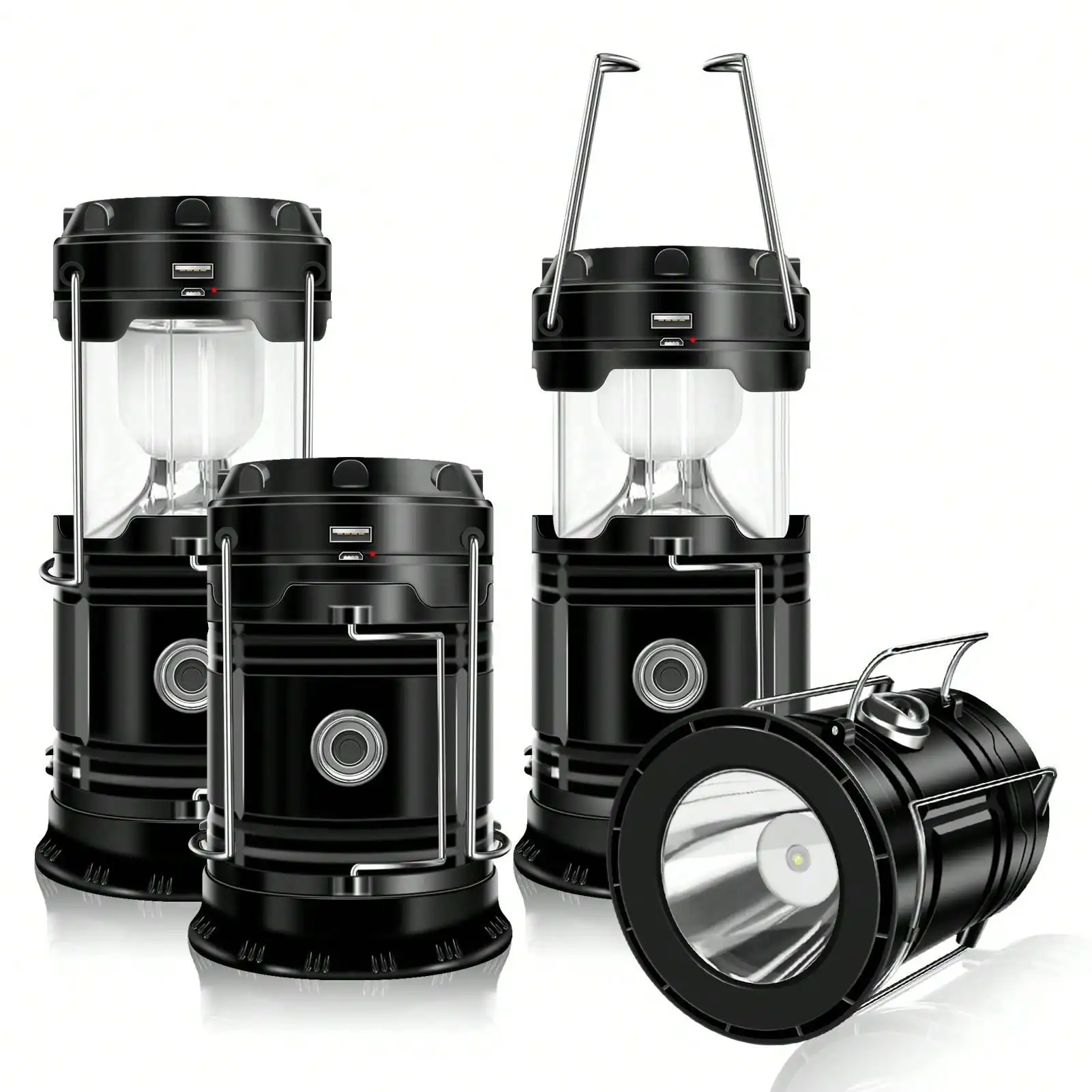 4PCS Solar Camping Lantern,Collapsible LED Solar USB Rechargeable Lantern Flashlight Emergency Hanging Lights For Camping, Hurricane Equipment Power Outages Supplies Storm Survival Kit, Indoor Outdoor-Solar Lights