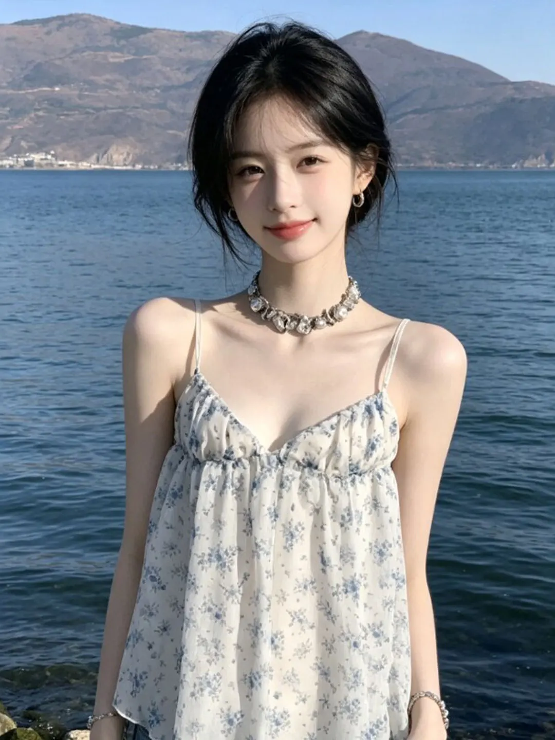 

Gentle Wind Unique Beautiful Floral V-neck Tank Top Strap Small Size Summer Clothes Absolutely Beautiful Small Top