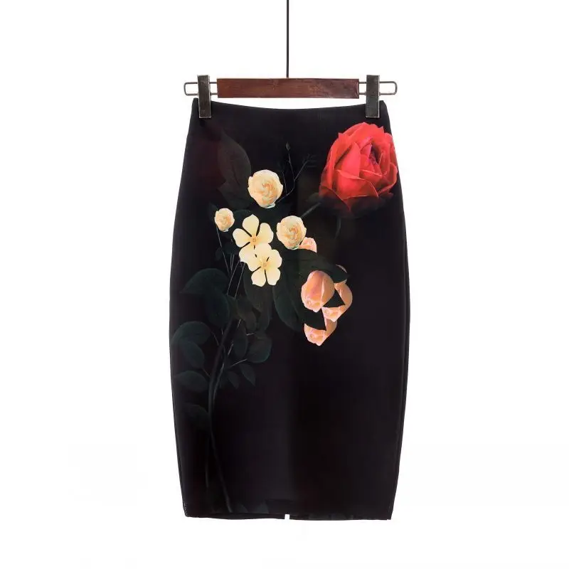 New Spring and Summer Women's Style High Waist Slim Elastic Contrast Color Printed Bag Hip Fashion Sexy All-match Skirt