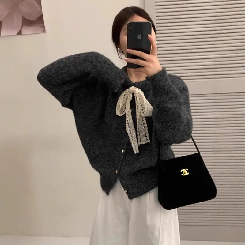 

Design Inspired Lace Tied Sweater Cardigan for Women 2025 New Autumn and Winter Lazy Style Thick Soft and Sticky Knitted Jacket