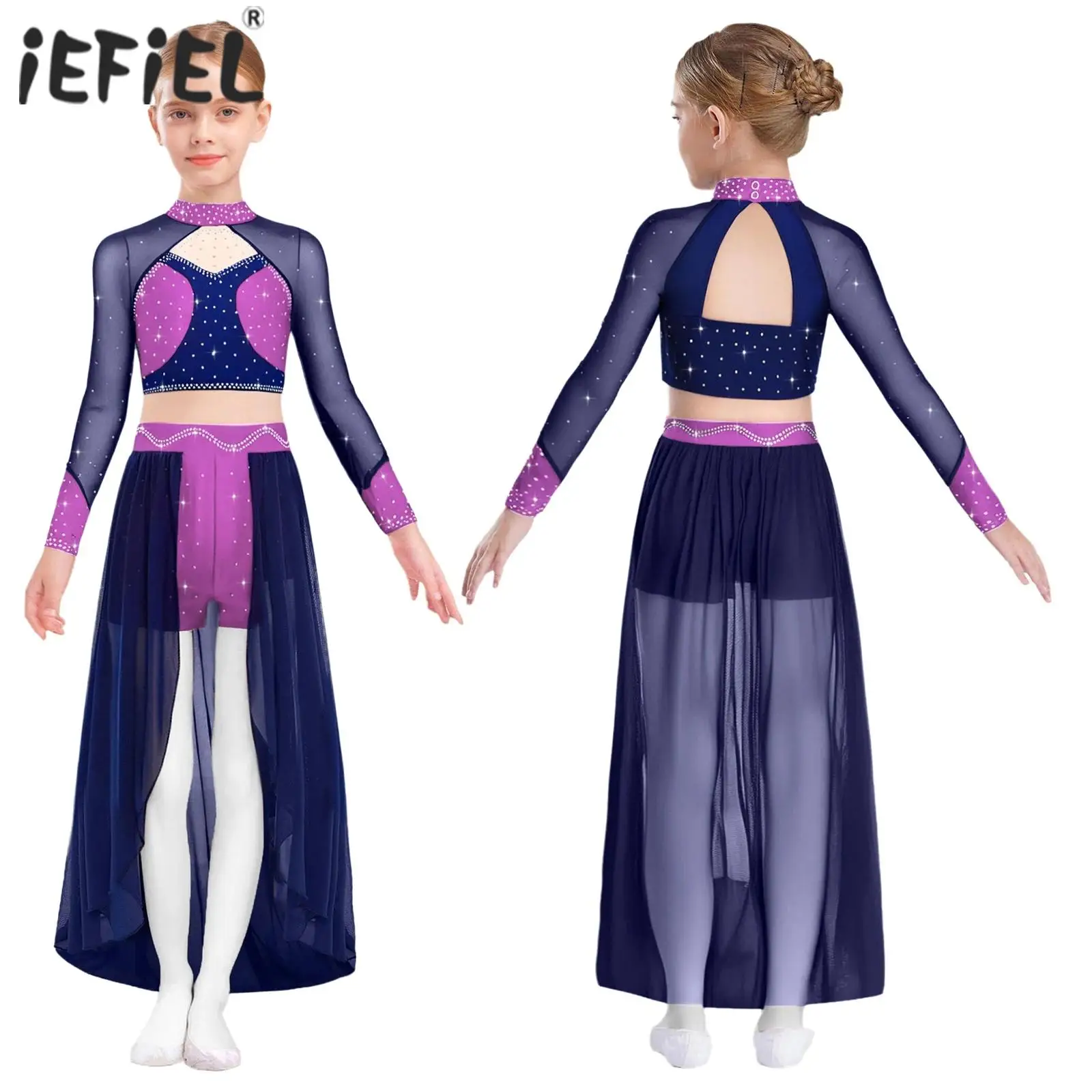 Set di danza classica per bambine, costume di danza lirica moderna contemporanea, manica lunga, ritaglio sul retro, strass, top corto con gonna