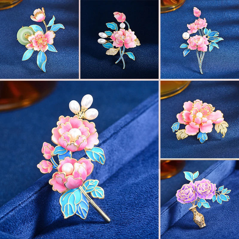 Ethnic Retro Peony Flower Brooch Women's High-end Light Luxury Natural Pearl Pin Handmade Enamel Craft Chinese Corsage Accessori