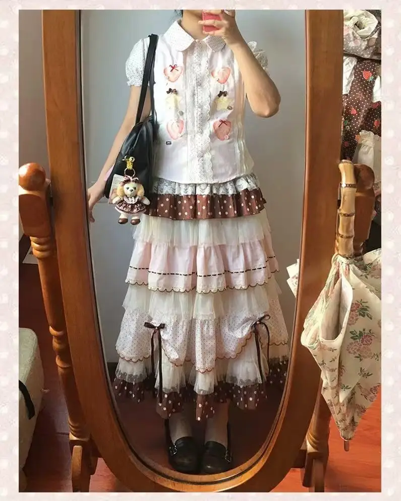 Cake Sweet Skirt & Strawberry Sandwich Vintage Shirt Set - Japanese Pink Brown Polka Dot Blouse Outfit