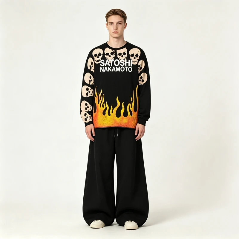 Autumn Flame Skull printed Tshirt for Men Waffle Long Sleeve Tee Oversize Boxy Relaxed Fit Vintage Streetwear Sweatshirt Shirt