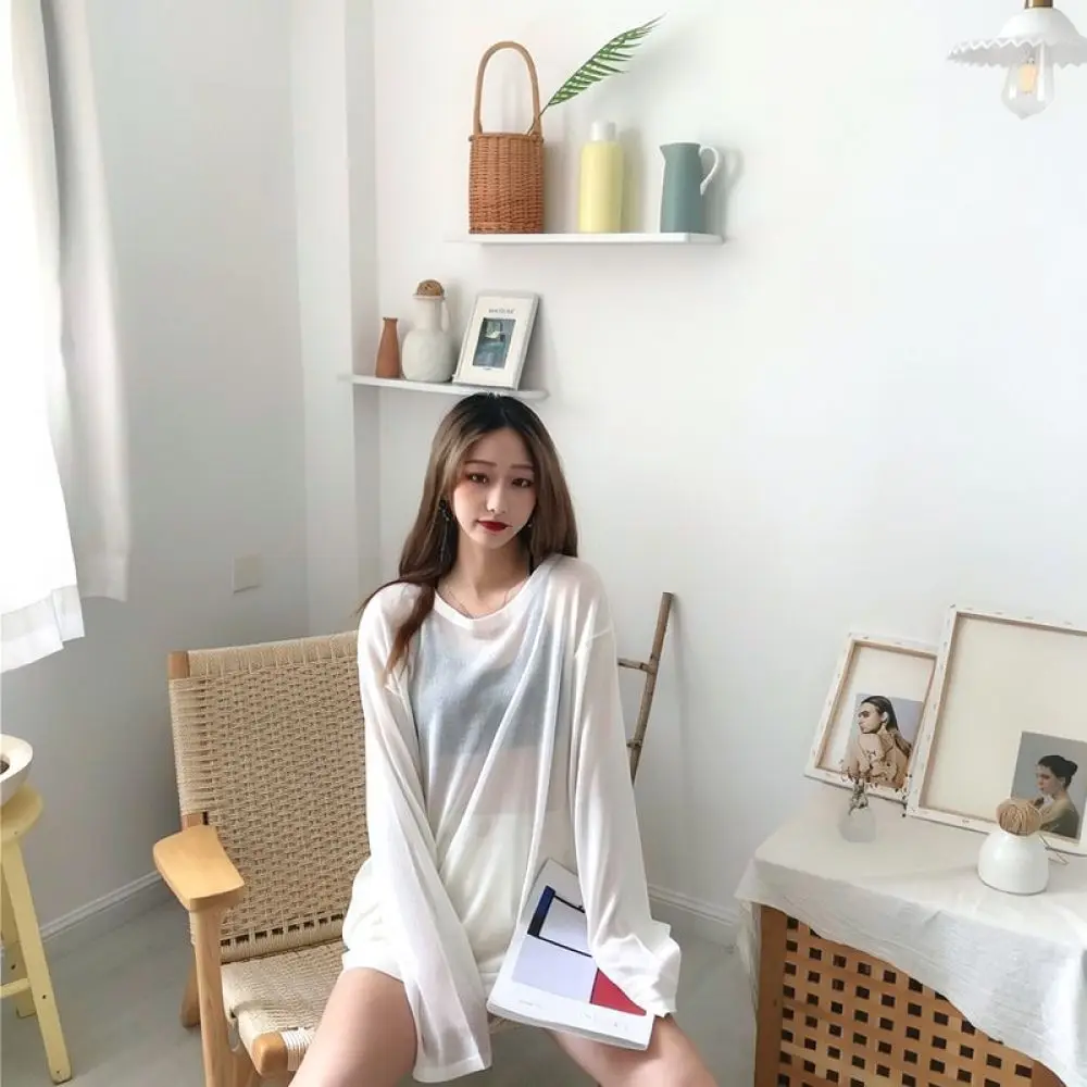 Casual Women Long Sleeve Ribbed T Shirt Summer Sun Protection Top Breathable Ice Silk Loose Fit Soft Basic Pullover Shirt